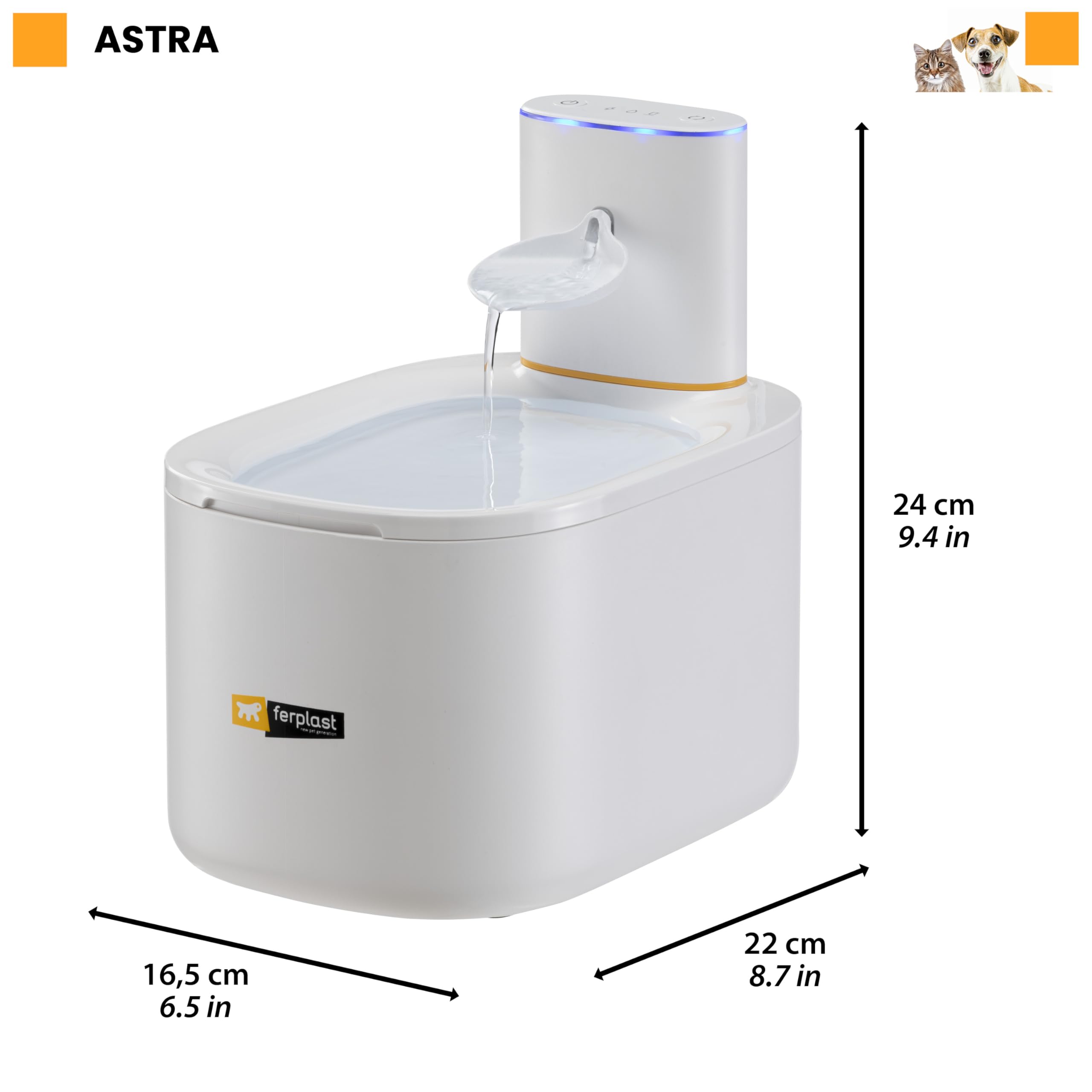Ferplast Fuente para Gatos y Perros Pequeños Astra, Fuente de Agua para Gatos Inalámbrica, Dispensador de Agua para Gatos Recargable, Sensor de Movimiento, 3 L, Filtro de Tres Etapas, USB-C Incluido