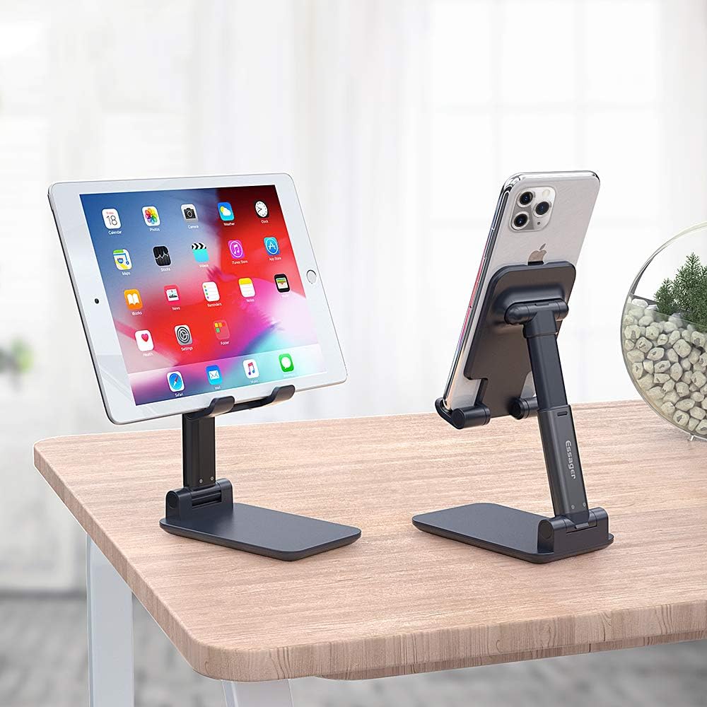 ESSAGER Adjustable Cell Phone Stand, Foldable Phone Stand Holder Cradle for Desk Compatible with All Mible Phones, iPhone, iPad, Switch, Tablet(Black)