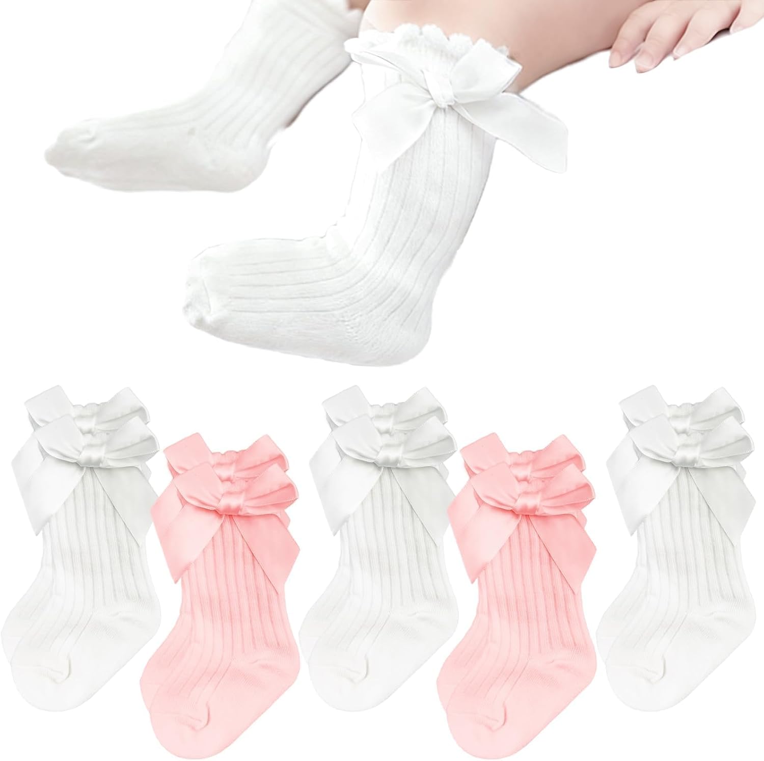 5 PCS Preemie Ruffle Long Socks Baby Knee High Cotton Socks Bows Stocking for Girls Infant Newborn