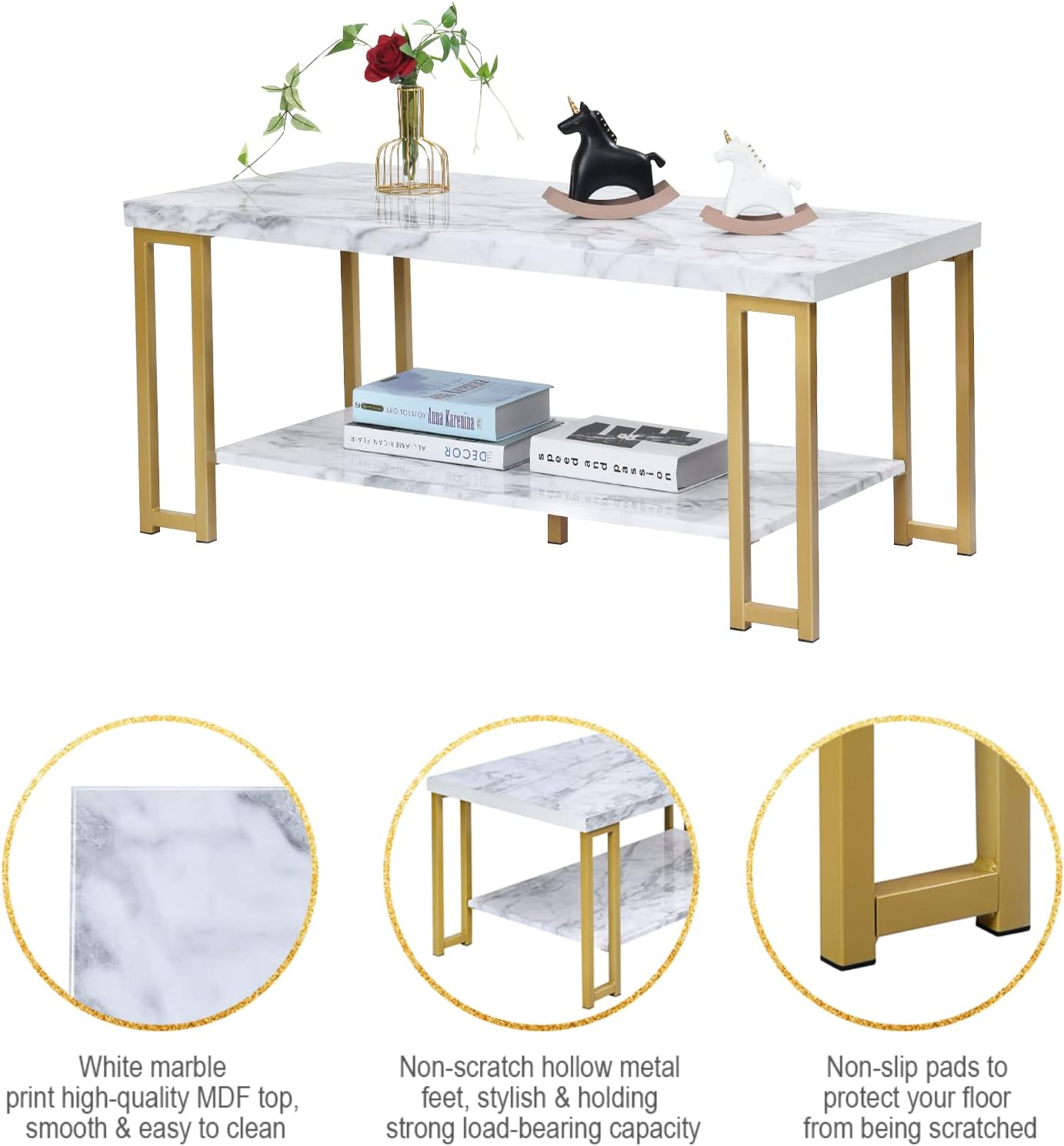 Faux Marble Coffee Table, Rectangular Modern Center Table, Gold Frame Accent Snack Coffee Tables for Living Room Bedroom Office