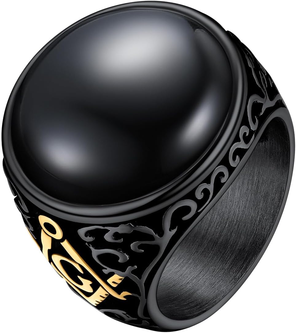 BestyleChunky Signet Ring for Men, Stainless Steel/Black Ring Synthetic Gemstone Band Ring Biker Ring for Men, Thumb Pinky Ring Mens Fashion Ring Jewelry Size 7-14, Gift Package