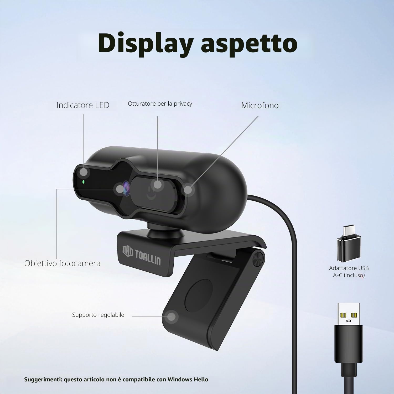 TOALLIN Webcam 4K per PC, 1080P@60FPS, sensore da 1/2,5", autofocus PDAF, microfono integrato e copertura per la privacy, webcam USB per laptop, conferenze, streaming e videochiamate
