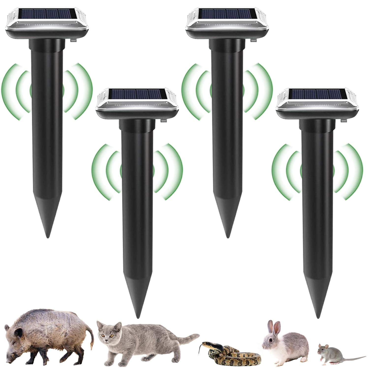 Ahuyentador de topos solar, 4 unidades, ahuyentador de topos, ahuyentador de roedores ultrasónico, IP66, resistente al agua y al polvo, ahuyentador de topos, para el césped de jardín (negro)