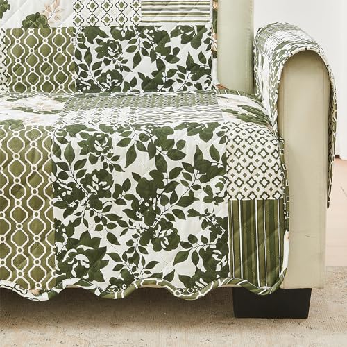 Image of Great Bay Home Reversible Patchwork Sofa Cover - Washable Slipcover Furniture Protector with Elastic Straps - Perfect for Kids & Pets - Box-Stitched Detail (Olive /Brown)