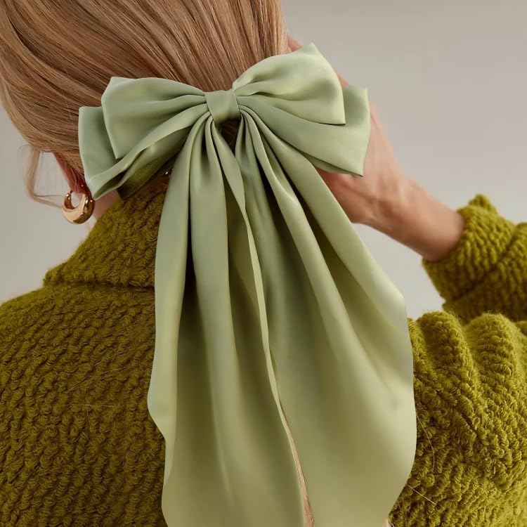 Image of FilterFashion Big Satin Layered Hair Bows for Women Girls 11.5 Inch Barrette Hair Clip Long Back Ribbon Bows French Style Hair Accessories (Olive Green)