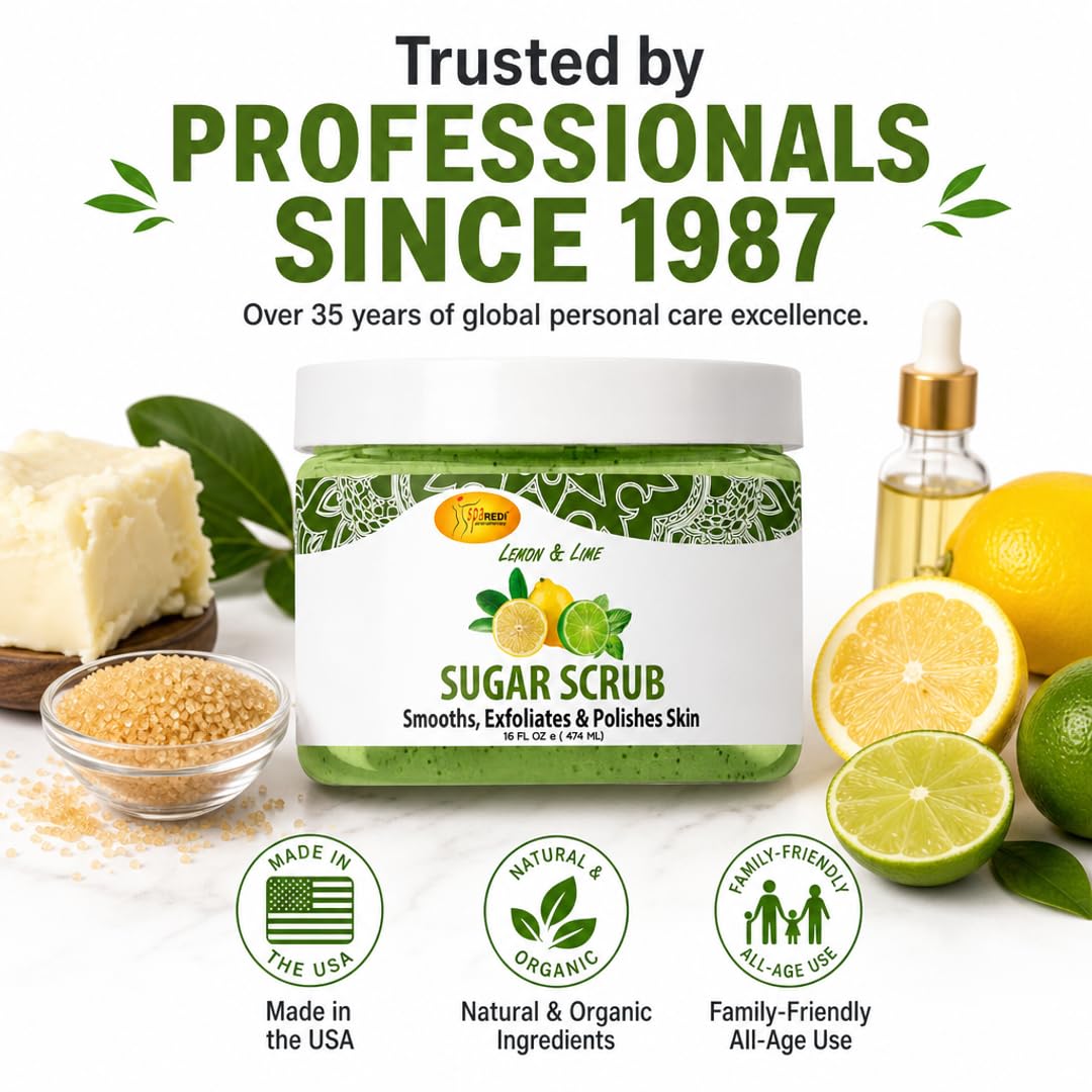 SPA REDI Lemon Lime Sugar Scrub – Exfoliating & Moisturizing Body and Foot Scrub | Vitamin C & Shea Butter | Callus Reduction, Sensitive Skin Safe | Professional & At-Home Use | 16 oz
