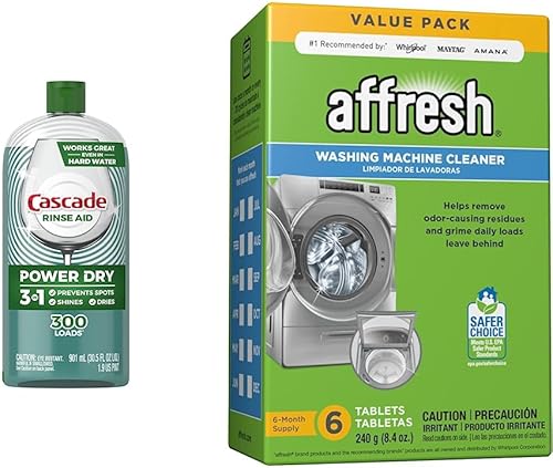 Cascade Rinse Aid Platinum, agente de enjuague para lavavajillas, aroma regular, 30.5 onzas líquidas (paquete de 1) y limpiador de lavadora Affresh,
