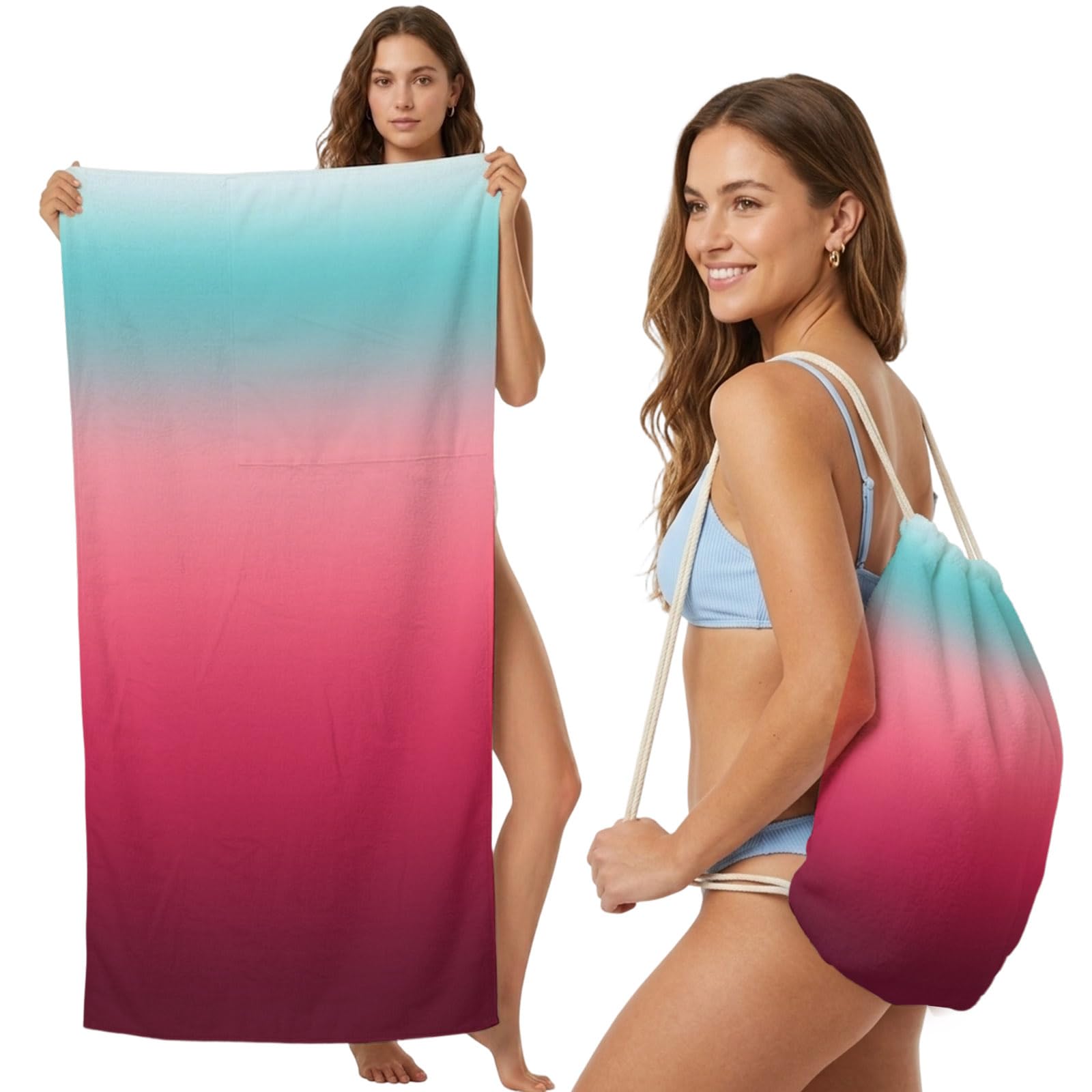 FWJZDSP Beach Towel Backpack Convertible Gradient Teal Green Sand Free Quick Dry Towel Bag Rose Red Beach Towel with Adjustable Straps for Travel Swimming Pool Beach Accessories 31.5x63in
