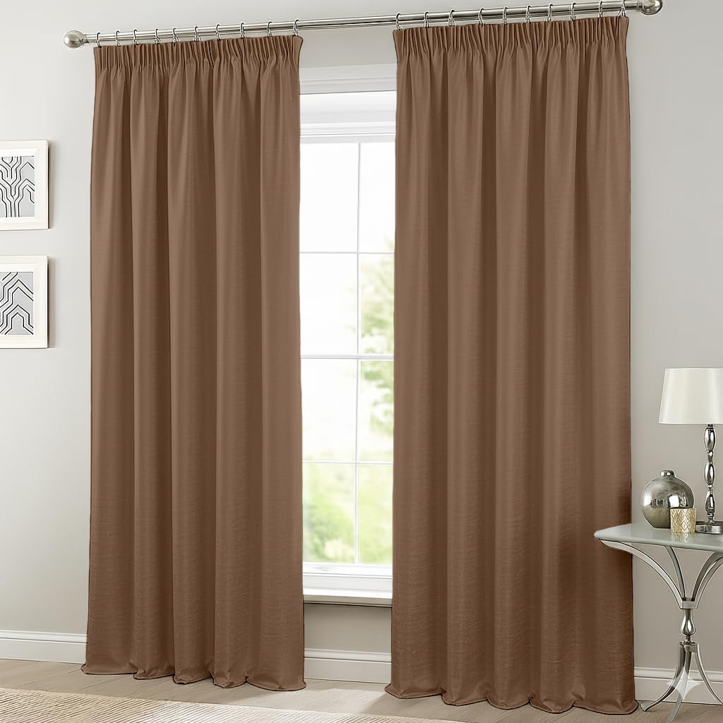 Cuddle Cloud Faux Silk Pencil Pleat Curtains – Fully Lined Tape Top Plain Curtains with Tie Backs, 2 Panel Set, Hotel Quality Window Drapes for Bedroom, Living Room & Kitchen (Brown, 66 x 72 inch)
