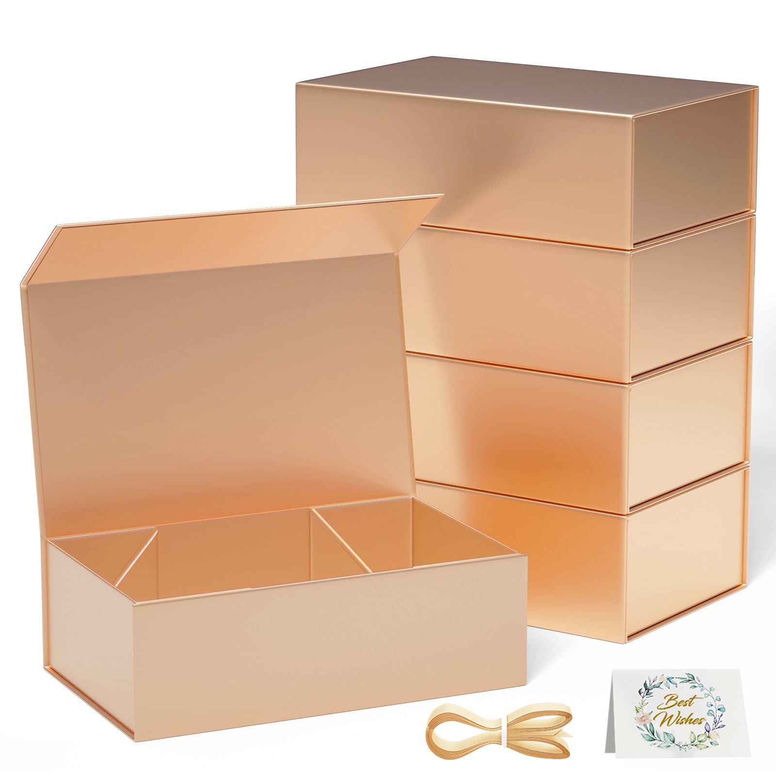 RYDDOY 5 Pack Rose Gold Gift Box, 12x6x4'' Gift boxes for Presents with Lids Magnetic Closure Rectangle Collapsible for Bridesmaid Proposal Box, Wedding, Christmas, Halloween, Birthday Gift Packging