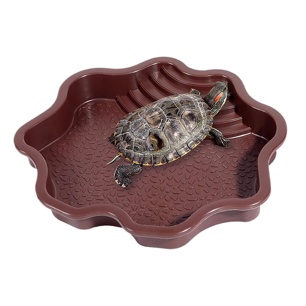 Flushbay Extra Large Reptile Bathing Pool Reptile Feeding Dish Water Bowl with Ramp Aquarium Ornament for Gecko, Snake, Turtle, Bearded Dragon, Lizard Bath (Brown-red)