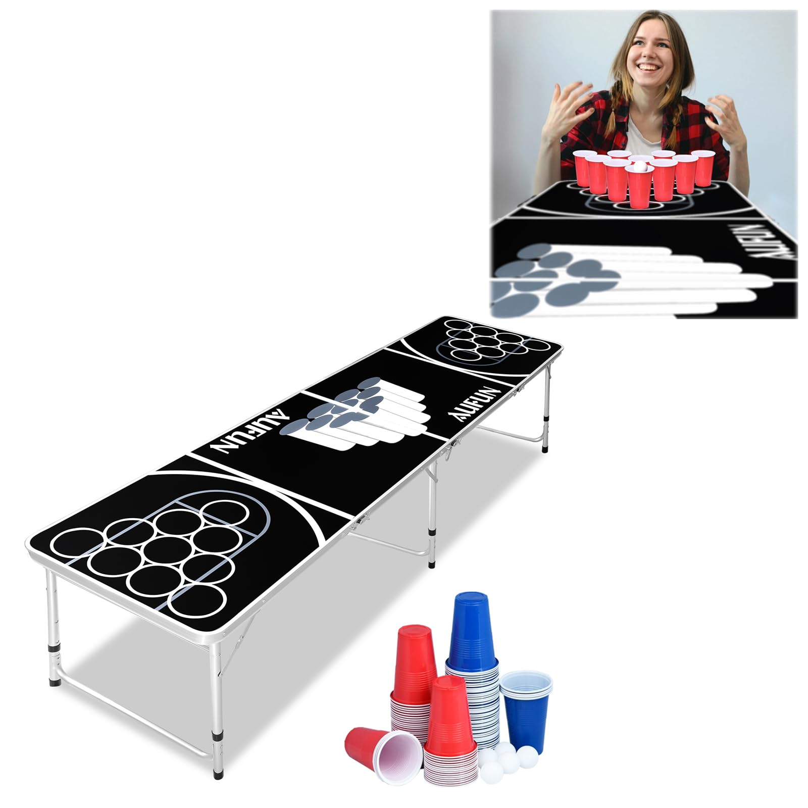 Beer Pong stół do ponga piwnego, składany stół z regulacją wysokości, do piwa, kubków do picia, zestaw 5 piłek i 100 kubków