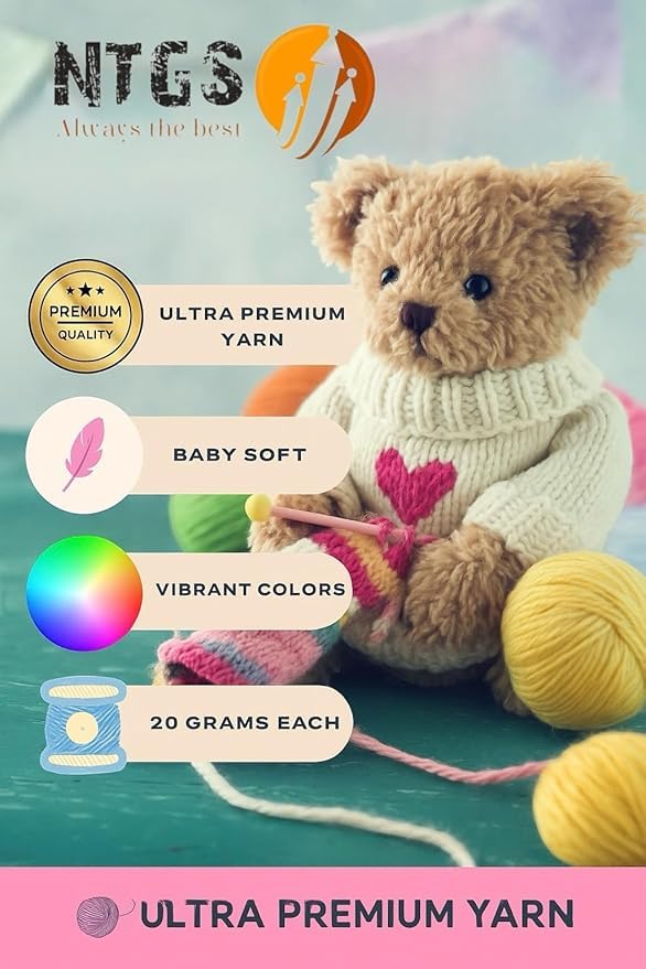 Image of NTGS Multicolor Yarn Pack of 24 Wool Balls (1 Ball / 20 Grams), 480 Grams (aprox) Assorted Bright & Pastel Shades, 100% Acrylic, Ideal for DIY, Knitting & Crocheting Projects.