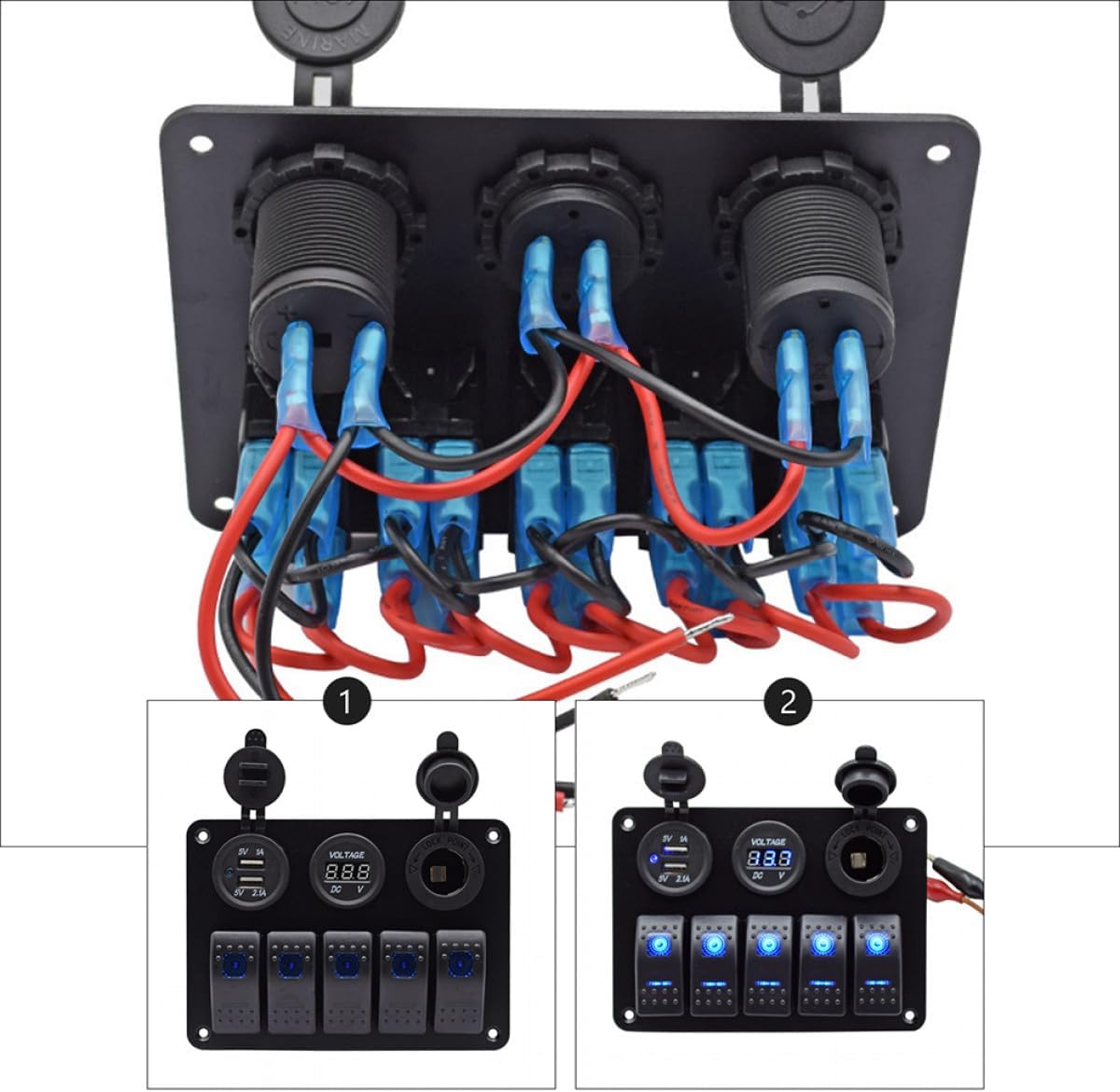 Combination Waterproof Rocker Switch Panel with 2 USB 3.1a Ports 5-Gang 12v 24v Control Panel for Boat Rv Yacht Electrical Equipment