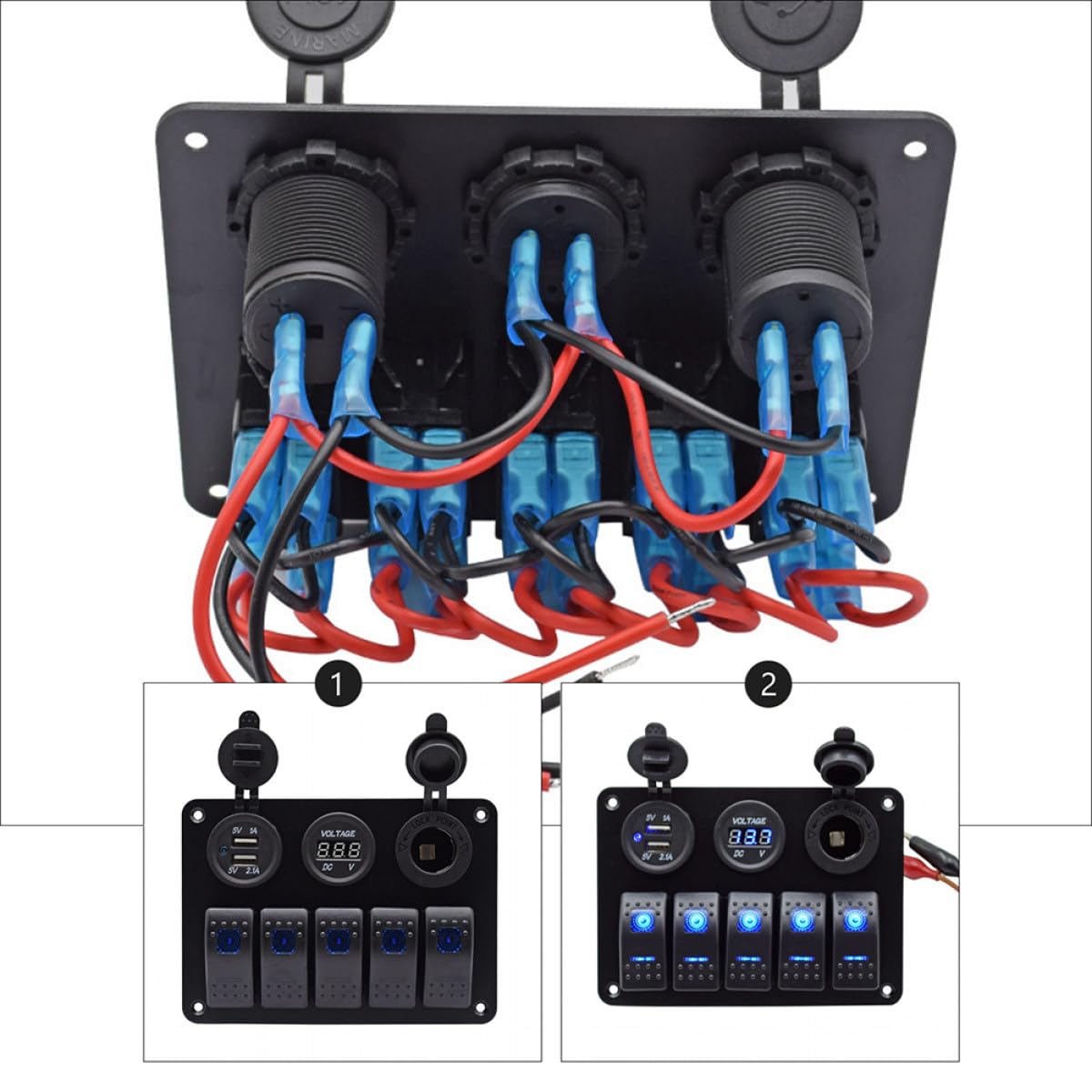 NOLITOY Combination 5-Gang Rocker Switch Panel with Dual 3.1a USB Charger, 12v 24v Waterproof Boat and Rv Electrical Control Panel for Yacht and Marine Modification