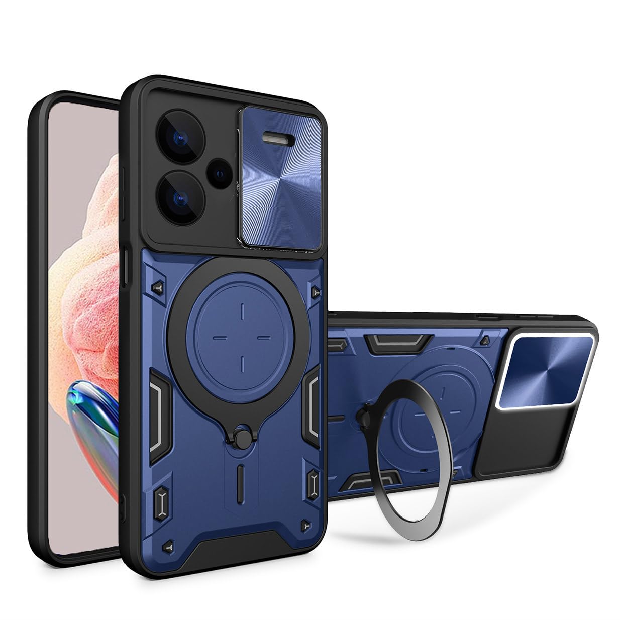UPLAI Armor Coque Xiaomi Redmi Note 13 5G – Silicone + PC, Protection Caméra Coulissante Et Béquille Magnétique Noire