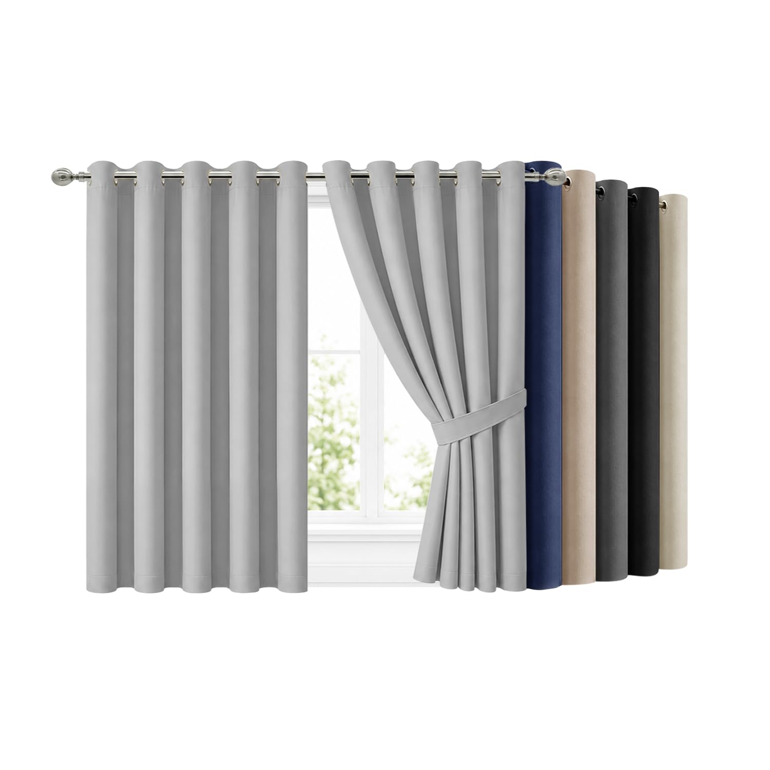 Hafaa Blackout Eyelet Curtains for Bedroom 66 X 54 Inch Light Grey Curtains for Living Room Noise Reducing Black out Curtain & Drapes 2 Panels with Tiebacks
