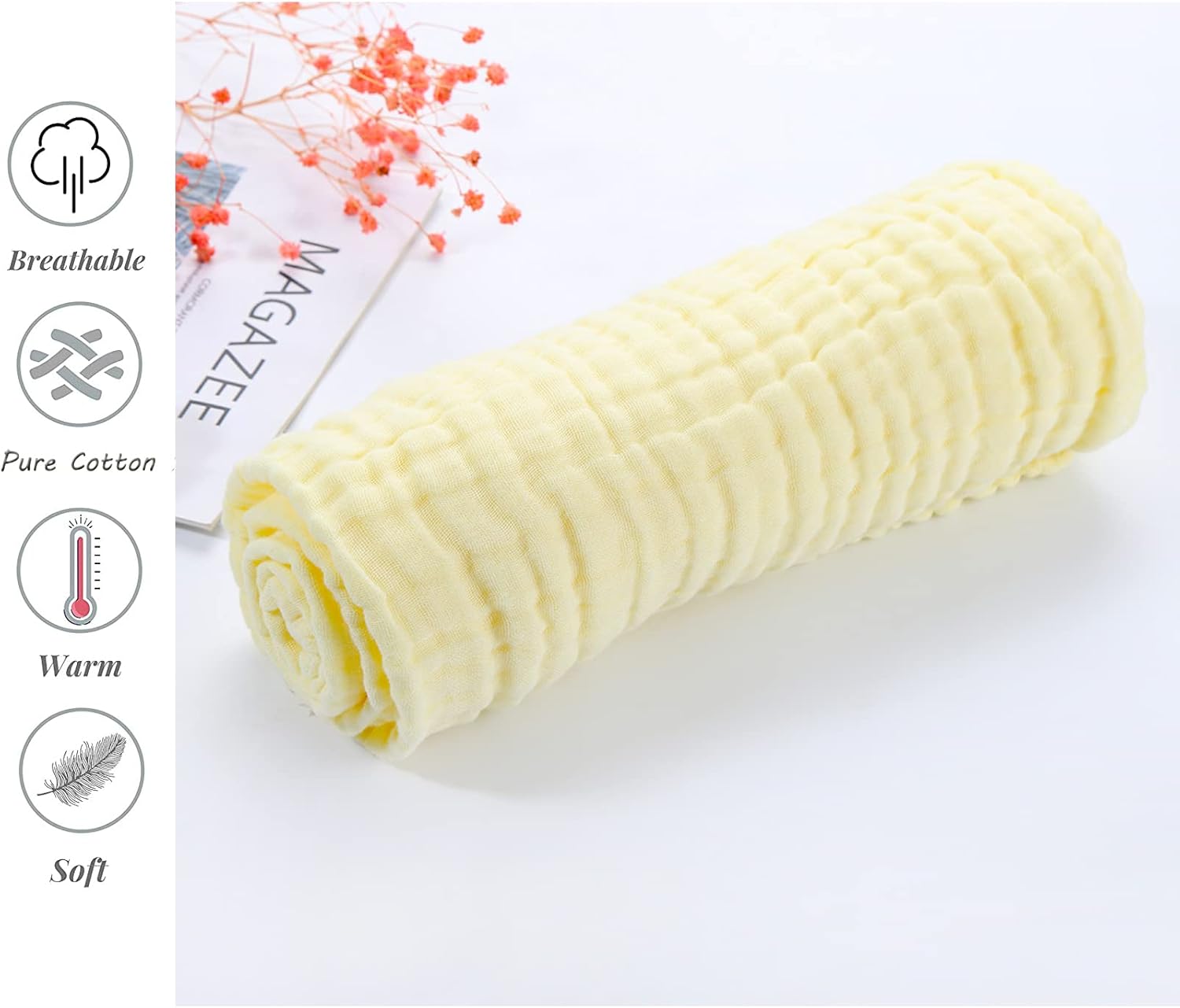 YEBON ProC 2Pcs Baby Muslin Bath Towels, Super Soft Cotton Bath Towel 6 Layers Infant Newborn Swaddle Blanket 41.3 X41.3 Inches,Baby Registry as Shower (Yellow)