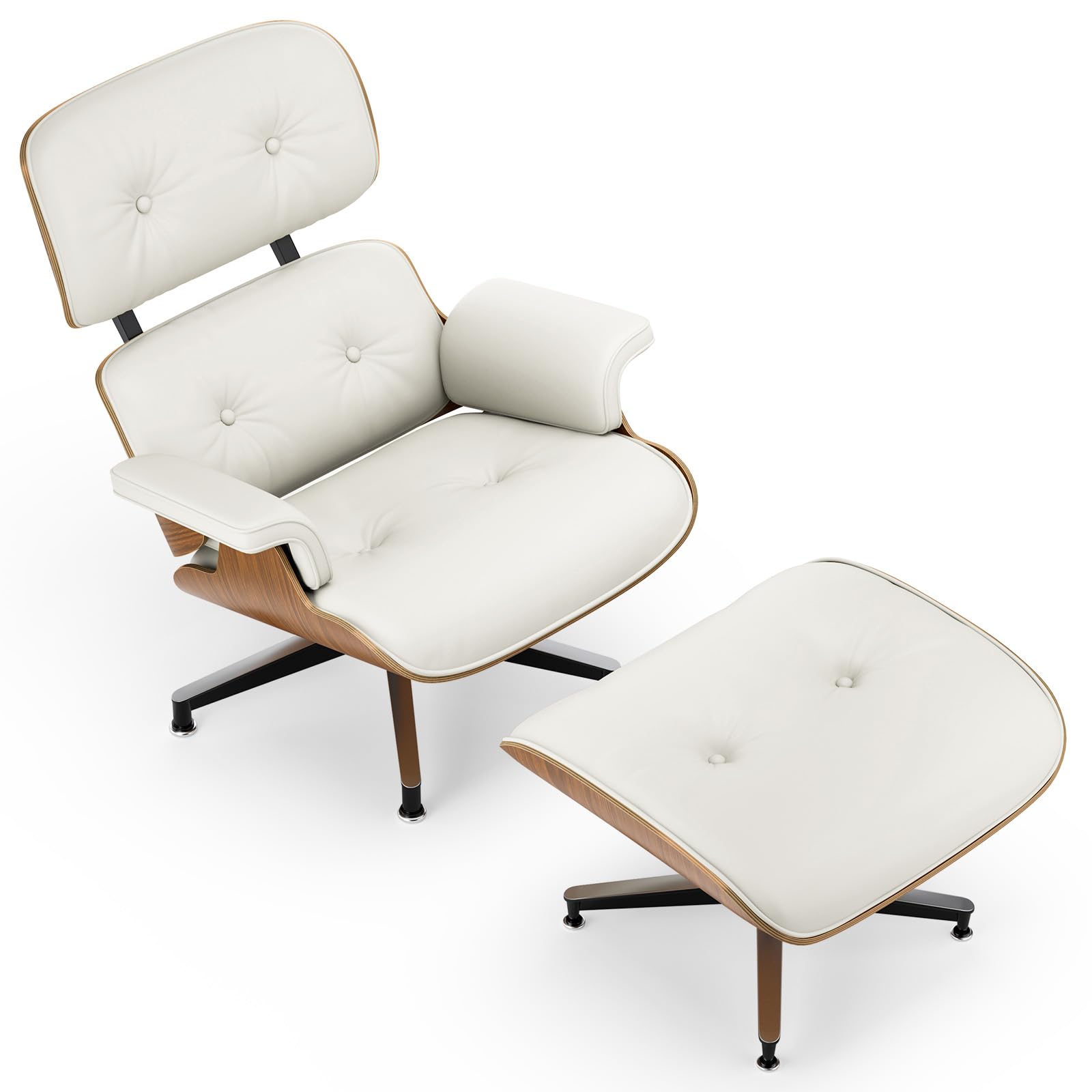 Top White Grain Leather, Mid Century Chaise Lounge Chair and Ottoman, Modern Chair Classic Design, Walnut Wood, Heavy Duty Base Support for Living Room Office