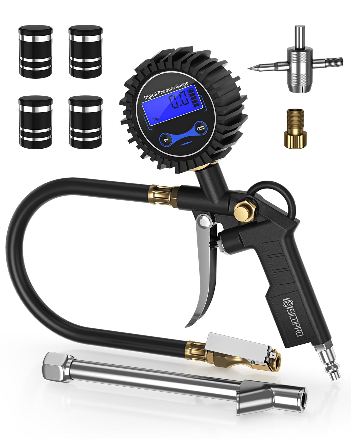 Digital Tire Pressure Gauge with Inflator, T500 Air Compressor Attachments, Heavy Duty Air Chuck with Rubber Hose and Quick Connect Coupler