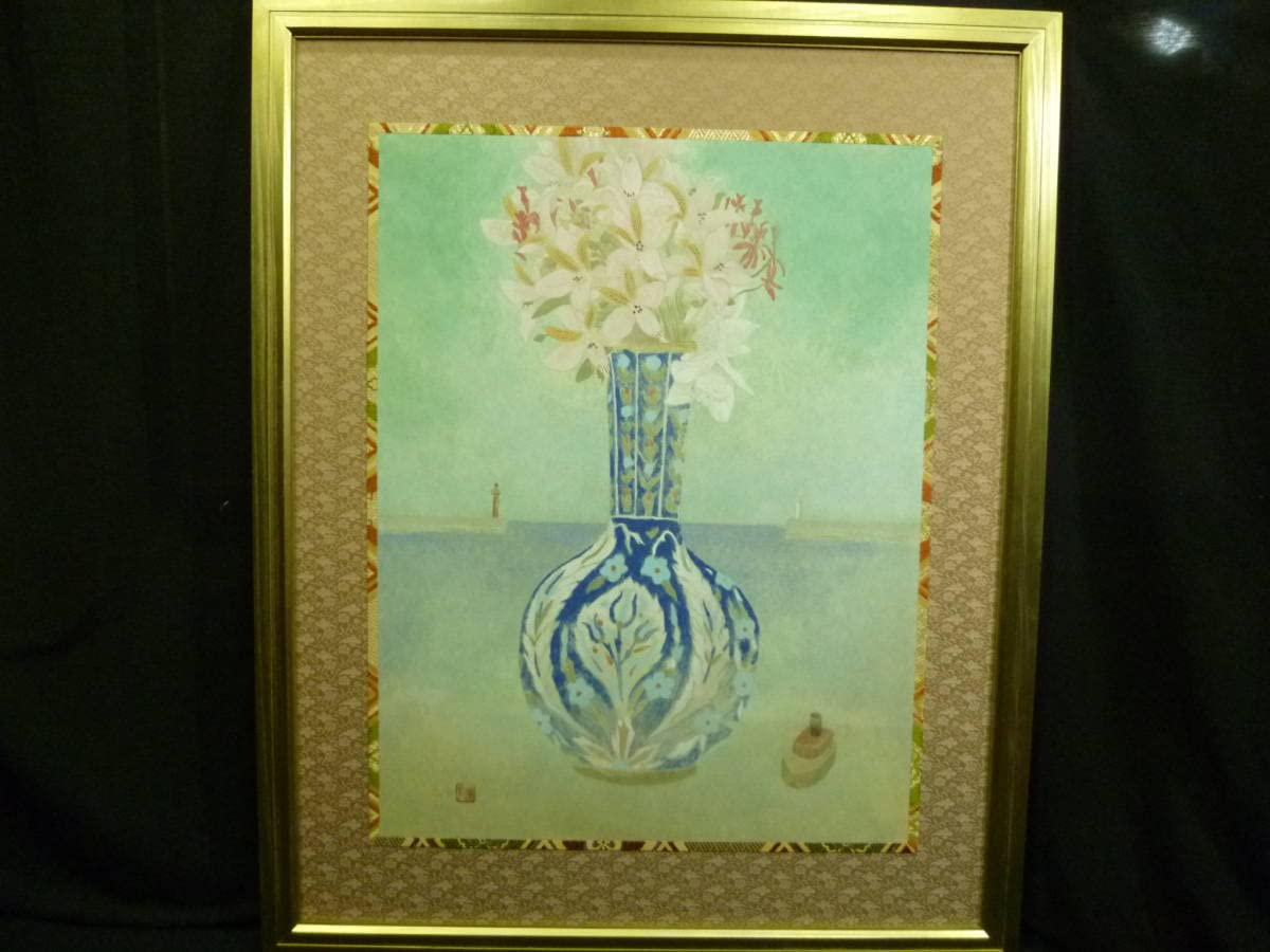 橋本弘安落款印譜 共シール『窓辺』 日本画紙本に岩絵具彩色 1011W