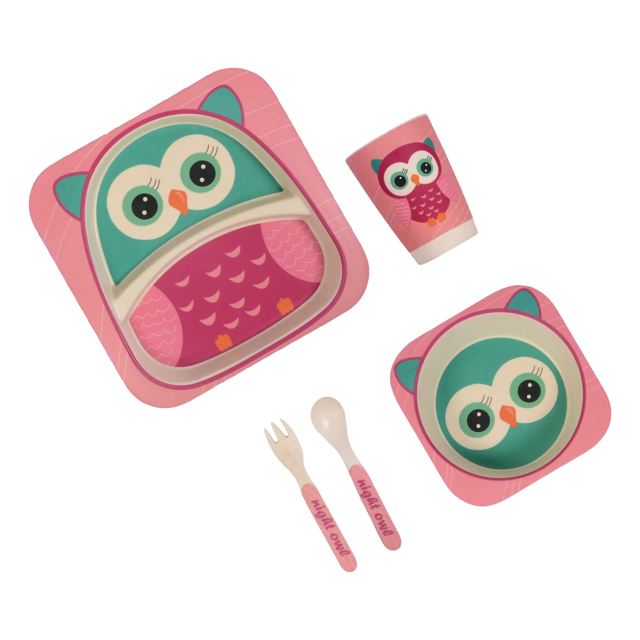 POLKA TOTS Eco Friendly Bamboo Fiber Dinner Set, 5 Pcs Tableware Crockery Set for Weaning Toddler & Self Feeding Baby Utensil Set for Baby Kids (Owl) (B07Q7Q6FLM) Amazon Price History, Amazon Price Tracker