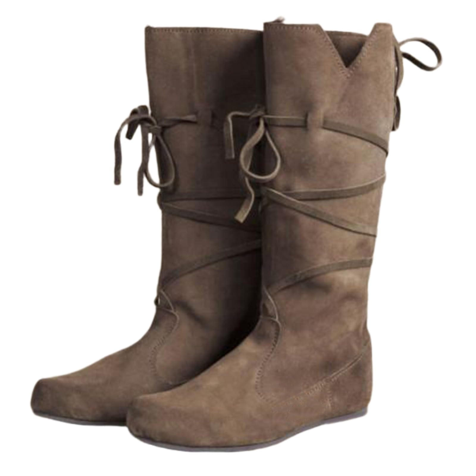 Renaissance Boots Women Vintage Round Toe Flat Boots Cosplay Halloween Low Heel Long Boot Slip on Wide Width