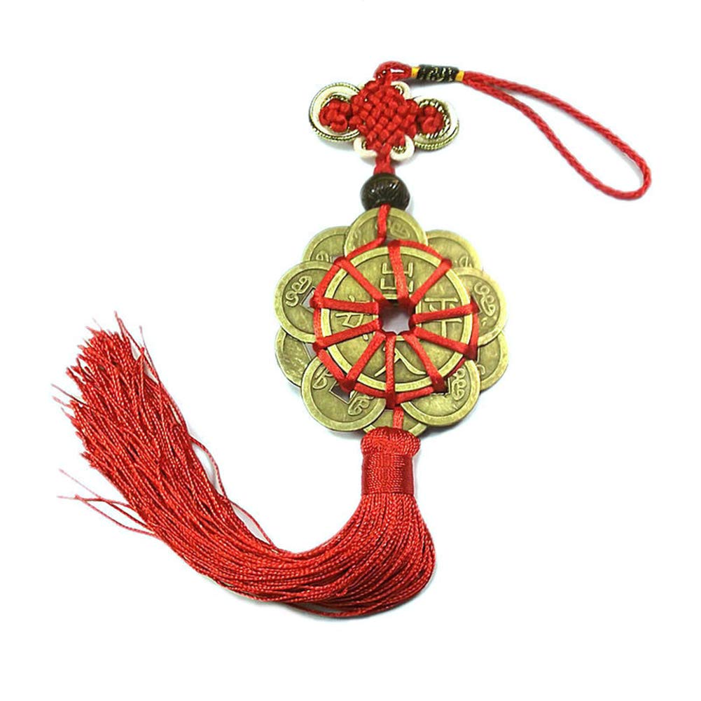 Chinese Feng Shui Ten Emperor Money Coins with Chinese Knot Office Bedroom Car Hanging Ornaments Decoration Lucky Coins for Wealth and Success (12 Coins+Red Tassels)