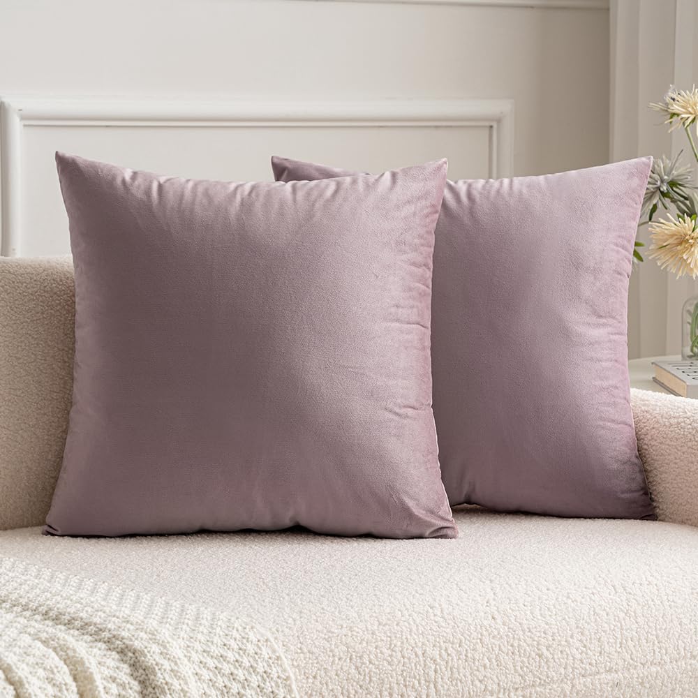 MIULEE Velvet Soft Soild Microfiber Decorative Square Pillow Case Throw Cushion Cover for Sofa Bedroom with Invisible Zipper 16x16 Inch 40x40cm Lilac Set of 2 Lined