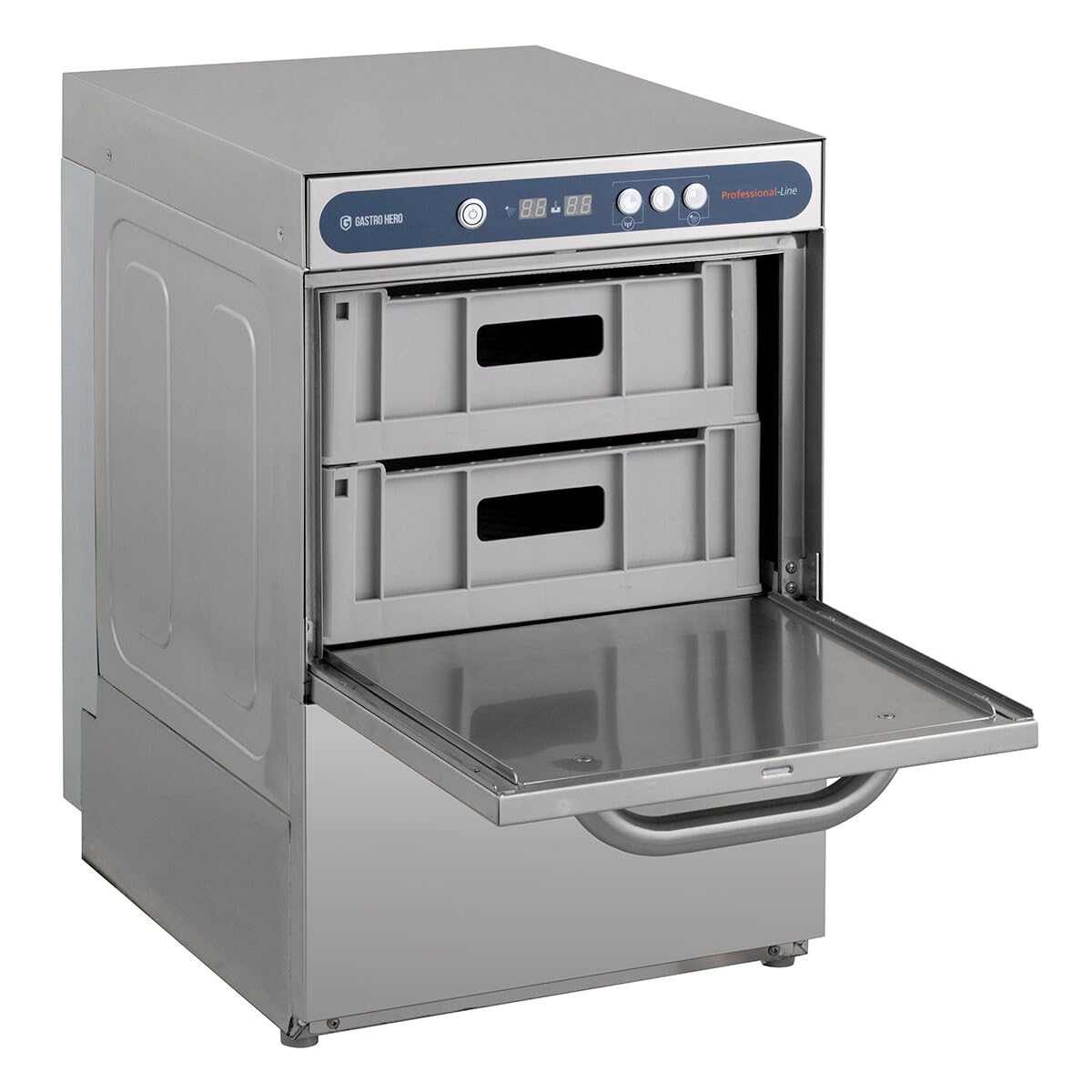 GastroHero Gläserspülmaschine, 40x40 cm, 230 V, Edelstahl PROFI-GLSM40SL | 30 Körbe/Stunde, mit Ablaufpumpe, Reiniger- & Klarspüldosierer, Made in Europe, 270 mm Einschubhöhe, 3 variable Spülprogramme