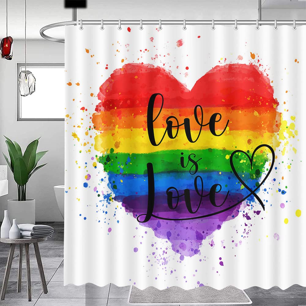 MEHOFOND Love is Love Shower Curtains for Bathroom LGBT Gay Lesbian Love Pride Bathroom Decor Rainbow Love Hearts Shower Curtain Washable Durable
