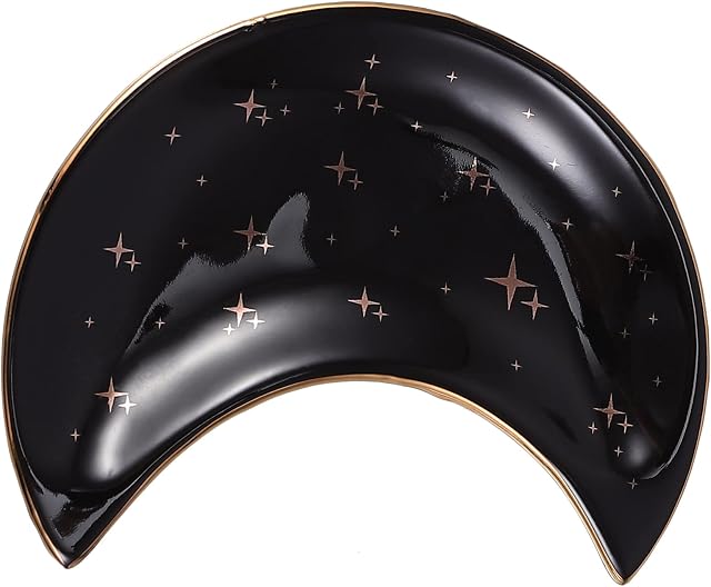 Trinket Dish Ceramic Jewelry Dish Black Moon Shape Decorative Tray Room Decor Decorative Ceramic Accent Vanity Tray Ring Dish Serving Tray Sundries Organiser For Jewelry Cosmetic 10x8cm