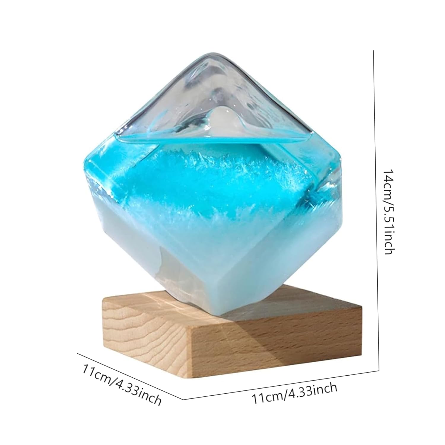 Storm Glass Weather Forecaster Crystal Blue Water Cube Storm Glass Weather Predictor with Wooden Base Creative Weather Predicting Storm Glass Desktop Ornaments for Home Office Gift for Wome