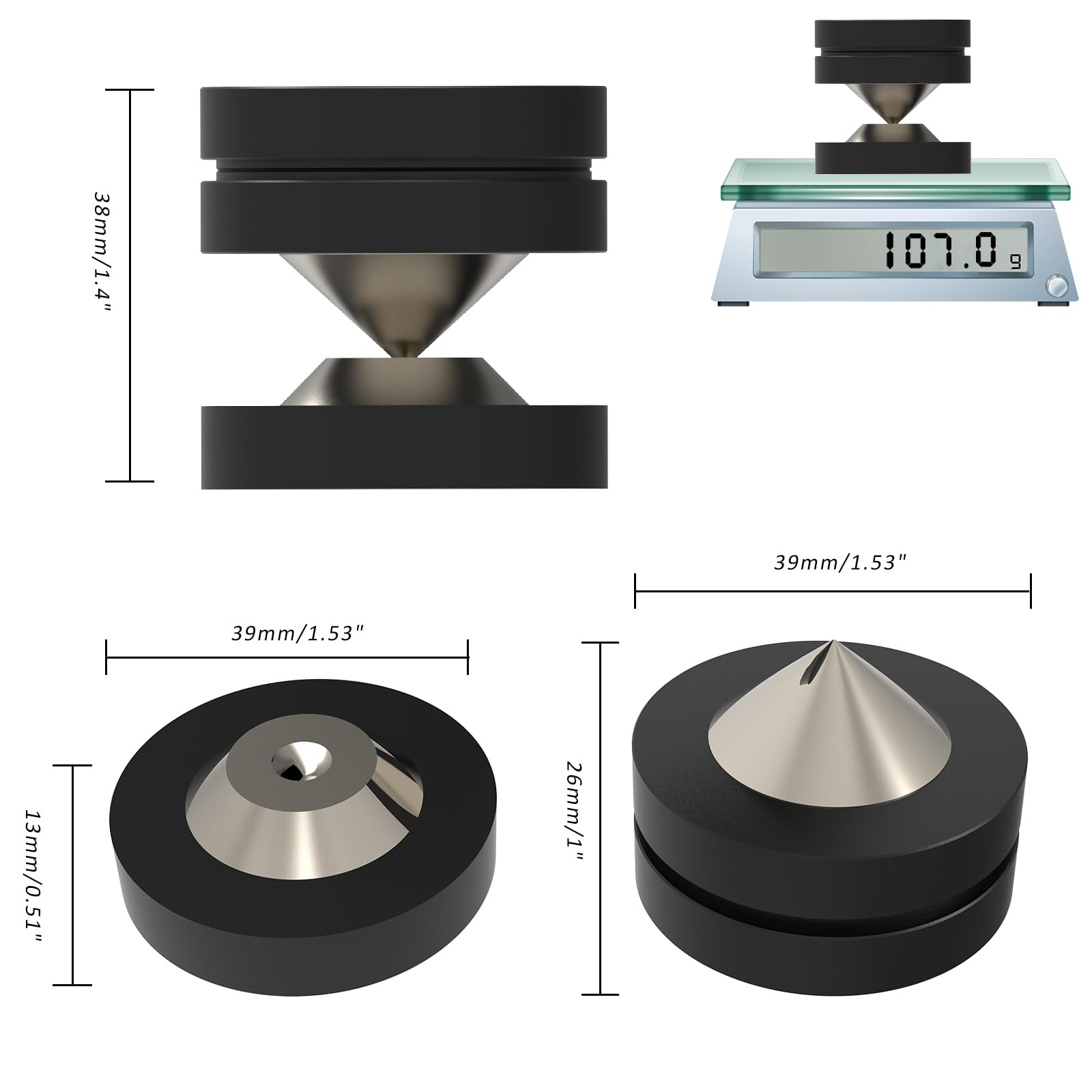 Lautsprecher Spikes 4 Sets 39mm×39mm Lautsprecherfüße mit POM Edelstahl-Lautsprecherpads HiFi Geräte Füße für HiFi-Lautsprecher, Subwoofer, Audioverstärker, DAC und CD-Player (Schwarz)