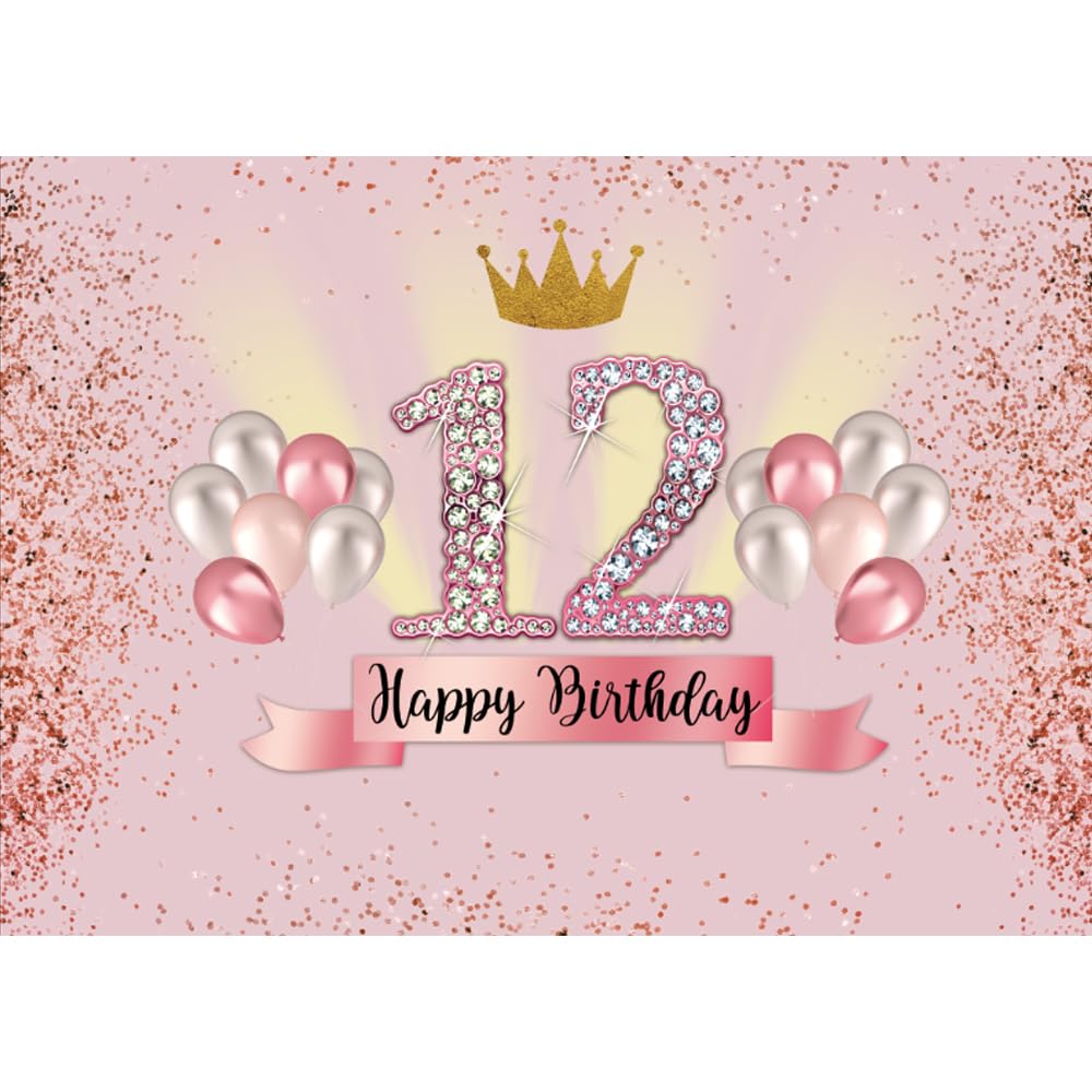 7x5ft Pink Happy 12th Birthday Backdrop for Girls Rose Gold Glitter Dots Girls 12 Year Old Happy Birthday Party Photography Background Banner