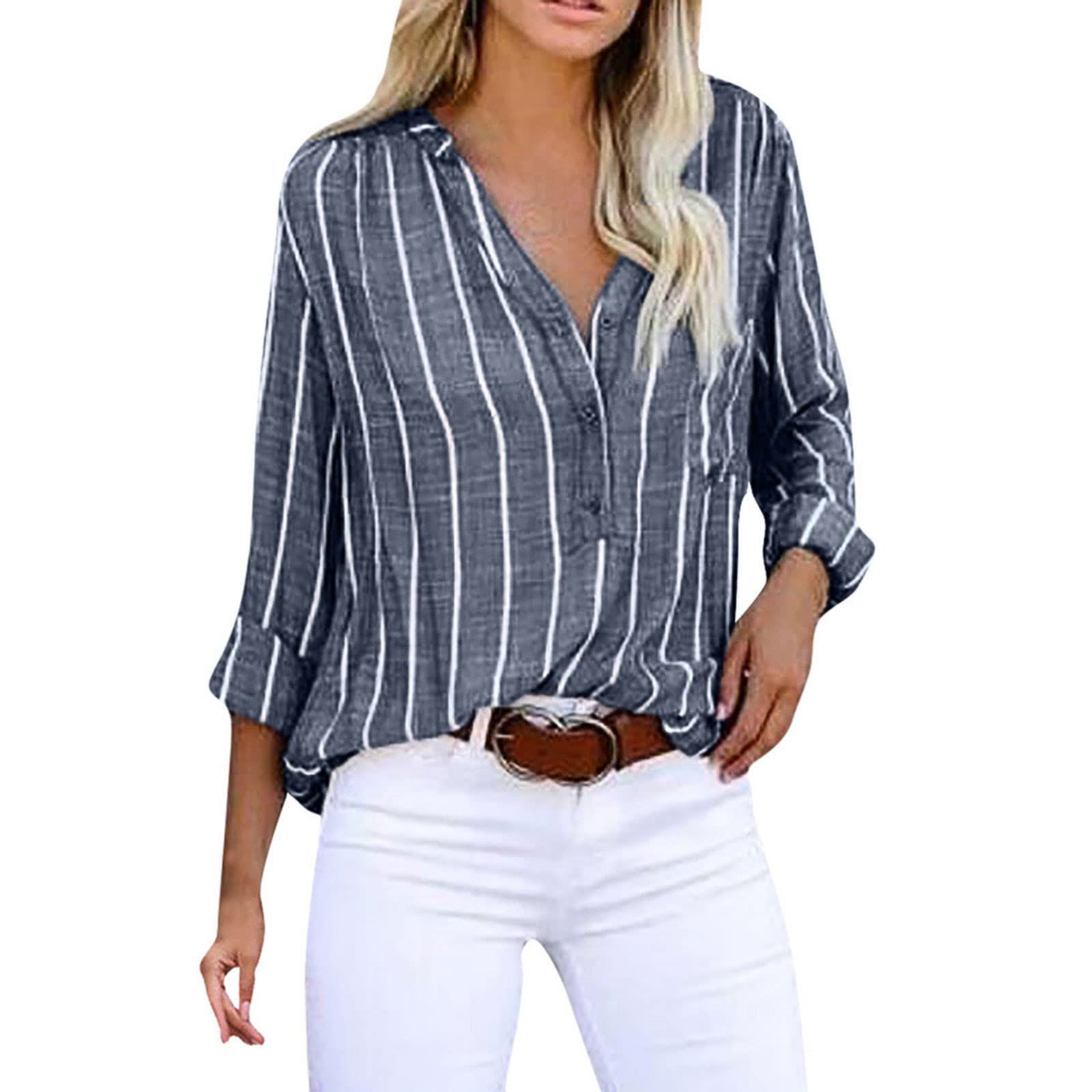 NUSGEAR 2022 Camisa de Manga Larga Mujer, Moda impresión Raya Blusa Camiseta Elegante Camisa Cuello en V Camiseta Primavera otoño Casual Suelto Tops Fiesta T-Shirt Original tee vacación Talla Grande