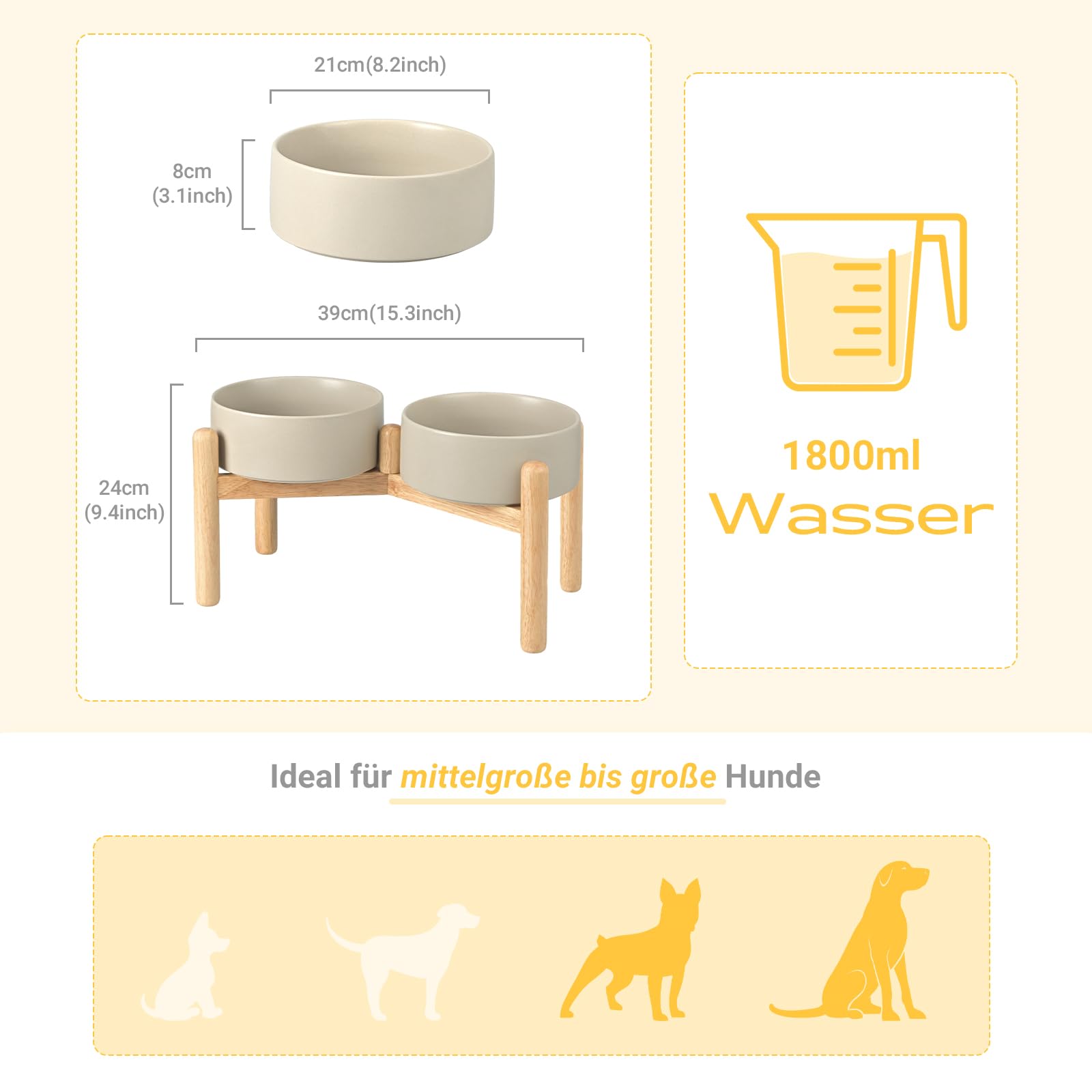 SPUNKYJUNKY Hundenapf Keramik Fressnapf Erhöhter Futternapf Wassernapf mit Bambus Ständer für mittelgroße und große Hunde (1800ml, Grau)