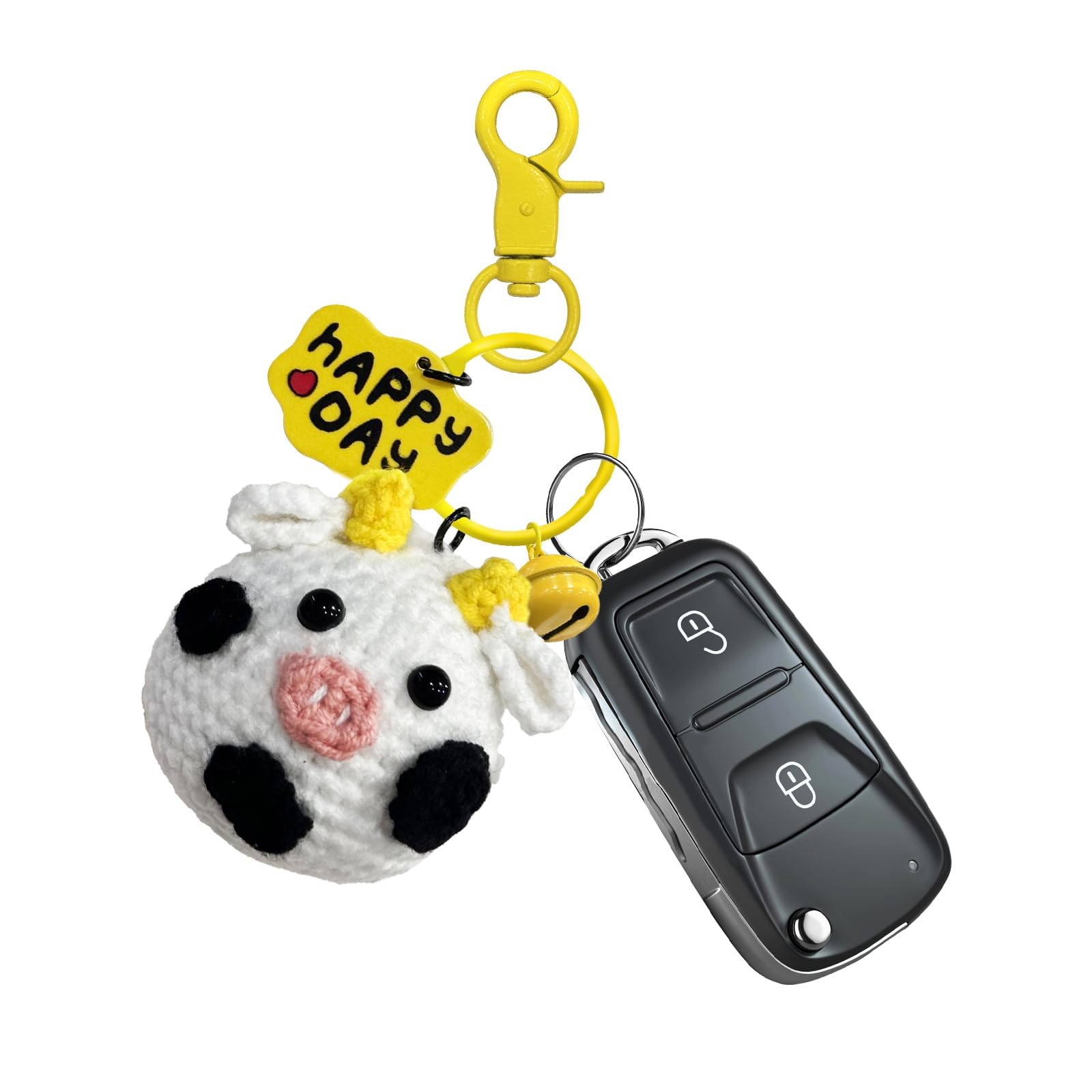Car Cute Cow Knitted Keychain, Handmade Crochet Key Ring,RearView Mirror Hanging Ornament