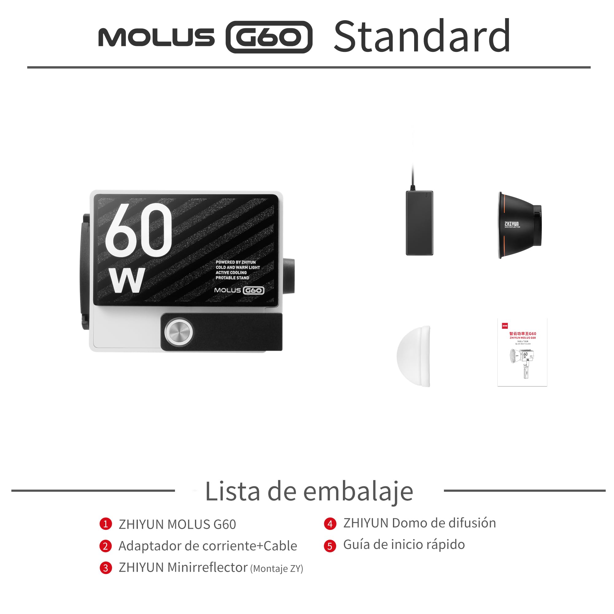 ZHIYUN MOLUS G60 [Oficial] 60W Luz Led Video 2700K-6500K, App Control, 300g | CRI 96+ TLCI 97+ Bluetooth App Control Remoto Mini Iluminacion Fotografia con Fuente de Alimentación DC/PD