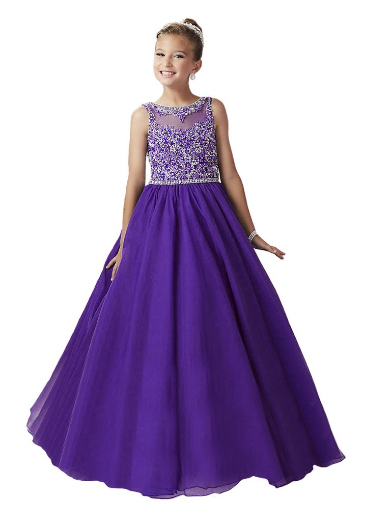 GreenBloom Little Girls' Crystals Tulle Transparent Backless Lace up A-Line Pageant Ball Gown Dress