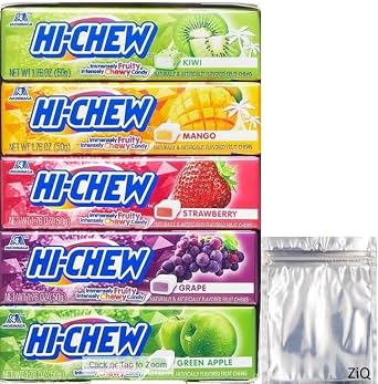 Hi-Chew Sticks Chewy Fruit Candies Variety Pack Kiwi, Mango, Strawberry, Grape, Green Apple 1.76 oz, 15-Pack/ZiQ 1 Piece Smell Proof Packaging Bags