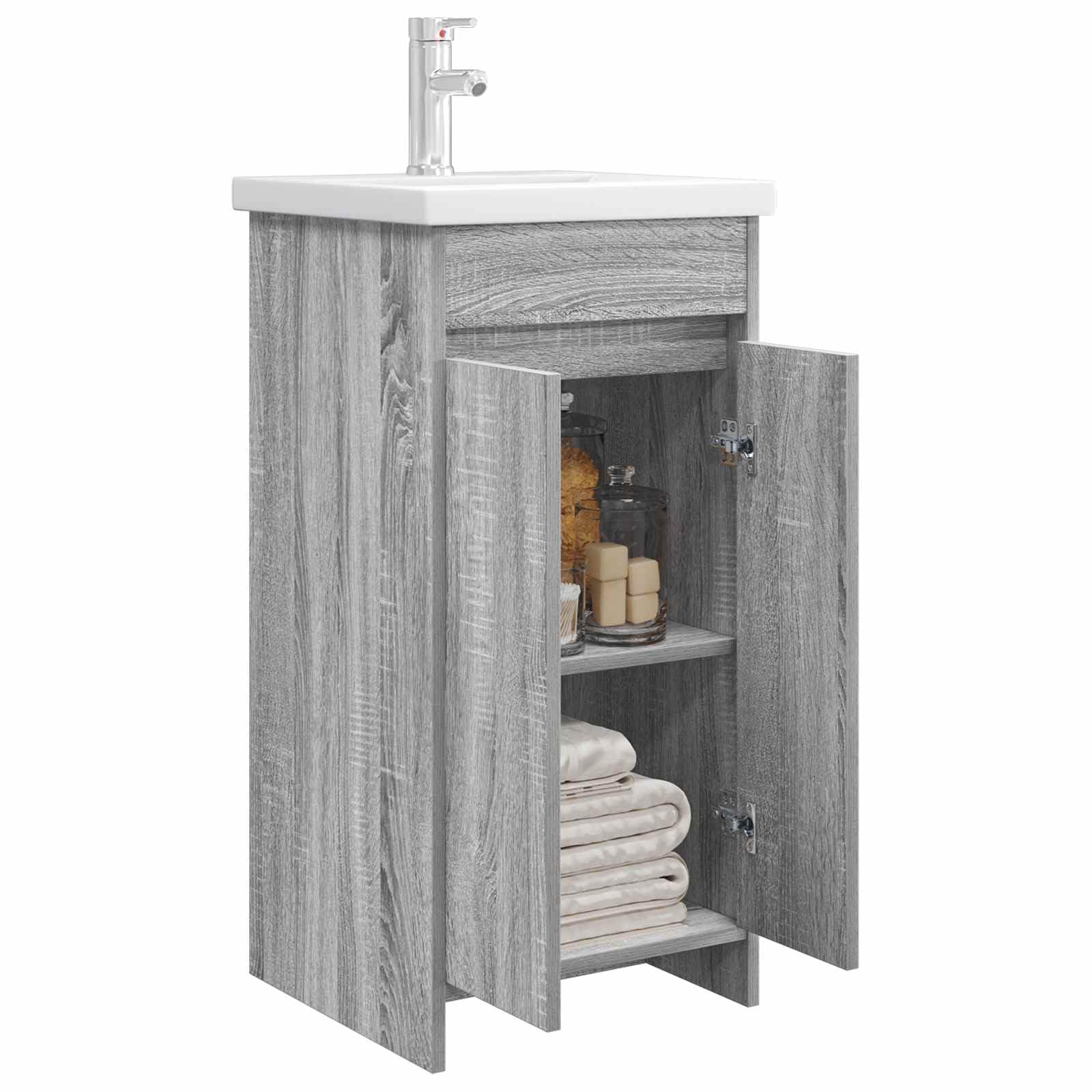 Mueble de baño con lavabo y grifo, gris Sonoma, 42 cm | Lavabo compacto con armario bajo para el pequeño cuarto de baño o aseo de invitados, incluye grifo.