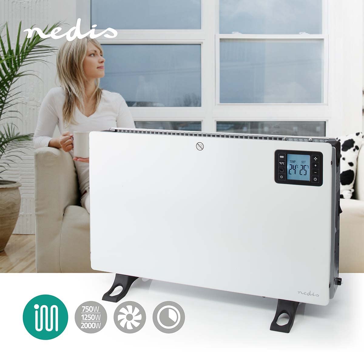 NEDIS Konvektor Heizlüfter Turbo Elektroheizer Verstellbares Thermostat 3 Wärmeeinstellungen Heizgebläse Fernbedienung Timer L 60,5 cm