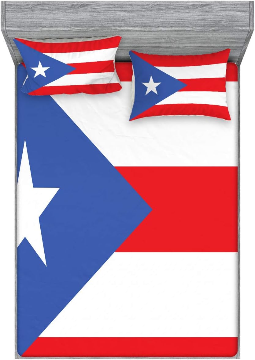 Ambesonne Puerto Rico Fitted Sheet & Pillow Sham Simple Graphic Illustration of Patriotic Flag with Stripes & Star Decorative Printed 3 Piece Bedding Set for Bedroom and Dorm Queen Size,Vermilion Blue