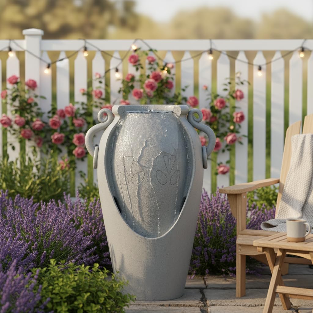 Xbrand 34" Solar Pot Fountain, Amphora-Inspired Design, Outdoor Water Fountain, Polyresin, Gray
