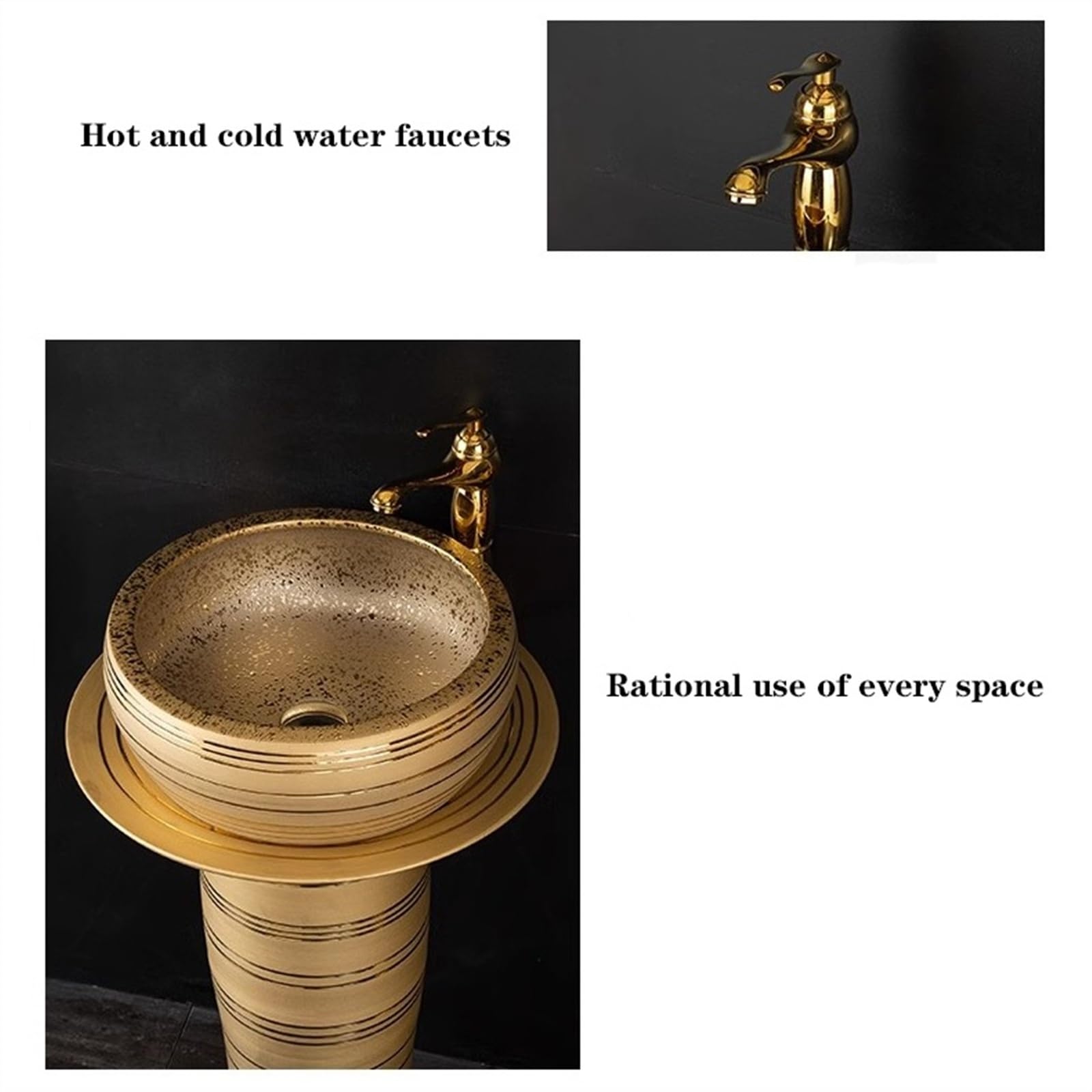 Golden Sink, fregadero de lujo para piso con grifo, drenaje y espejo, lavabo de columna de 3 piezas, tamaño A, B-One Size