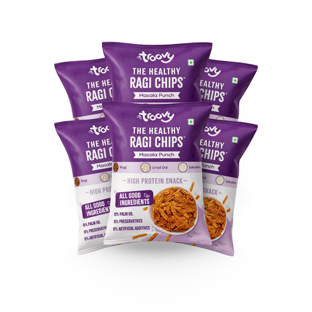 Troovy Healthy Masala Ragi Chips | Tasty & High Protein Snacks | 30% Of Protein Needs | No Palm Oil, Cholesterol or Trans Fats | 70g (Pack of 6)