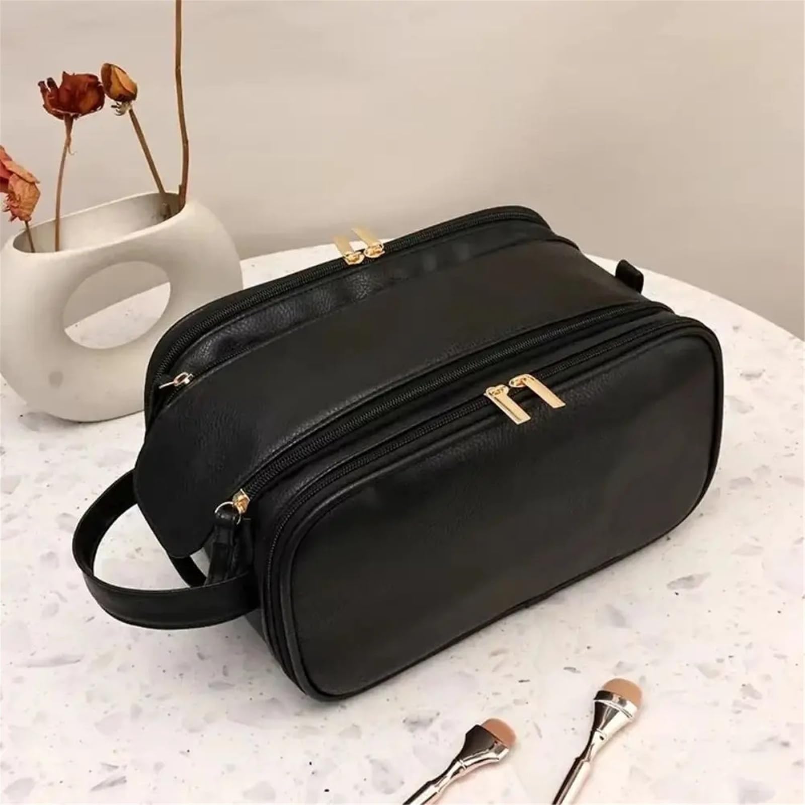 Tragbare Kosmetiktasche for Damen, einfarbig, große Kapazität, Handaufbewahrungstasche, Aufbewahrungstasche for Toilettenartikel aus PU-Leder(Khaki)