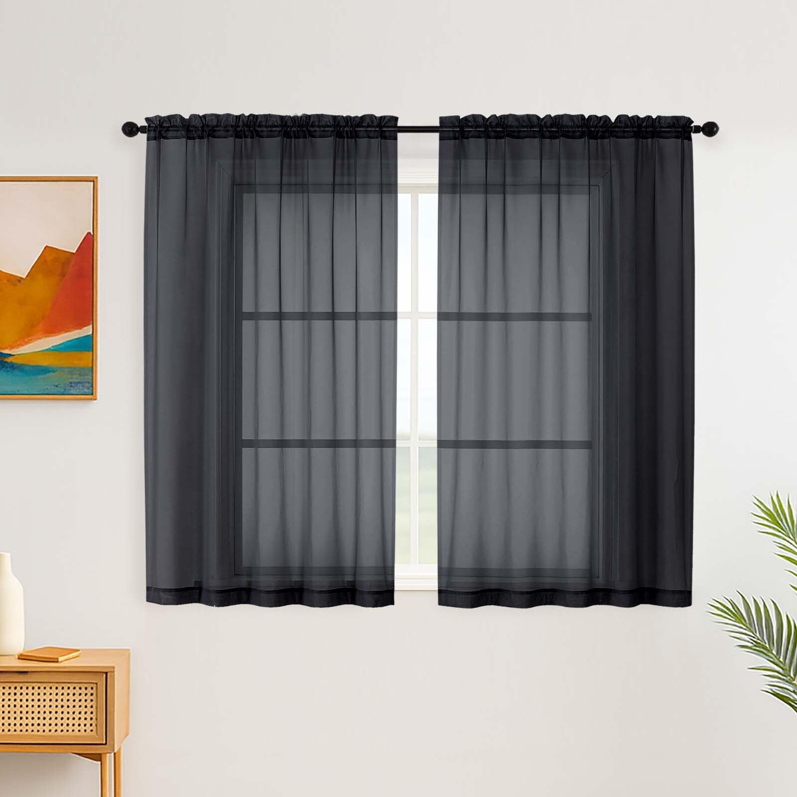 Simplebrand Black Sheer Curtains for Living Room 200 cm Length Panels Set - Light Filtering, Rod Pocket Window Home Voile Curtains & Drapes for Bedroom, Elegant Drapes (Black, 150cm W x 200cm L)