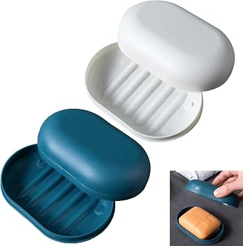 Aputue Soap box, 2-pack portable soap container, travel soap dispenser with lid, rectangular, dark blue and white, PP and PE plastic